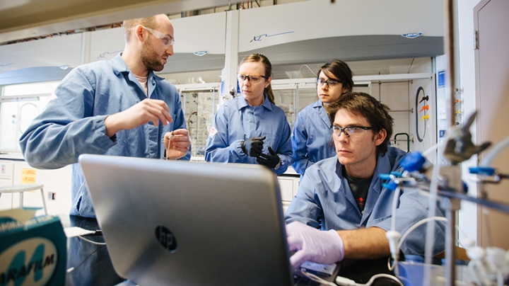 Assistant Professor Katherine Mirica and several graduate students working in a lab