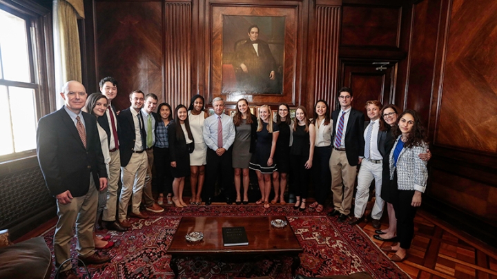 macroeconomics policy class meet with Chilean Minister of Finance Felipe Larraín Bascuñán, center, in Santiago