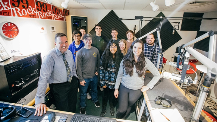 student leaders of Dartmouth Broadcasting in a studio at 99Rock