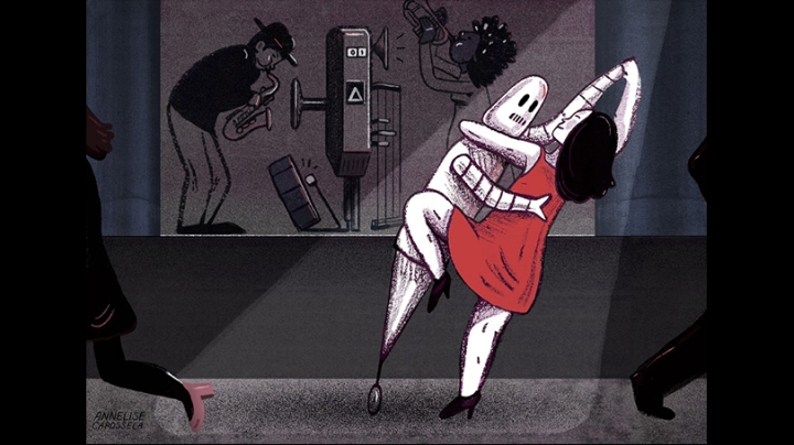 an illustration of a ballroom dancing robot