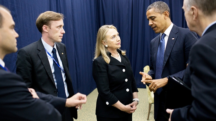 Jake Sullivan with Hillary Clinton and President Barack Obama