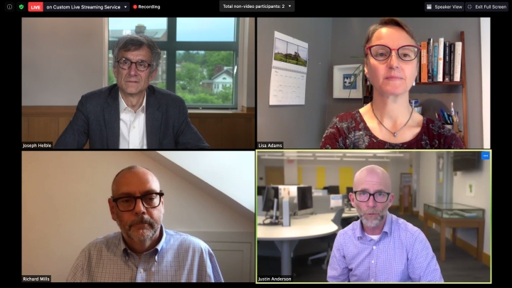 Provost Helble, VP Mills, Dr. Adams, and VP for Communications Justin Anderson on a Zoom interview