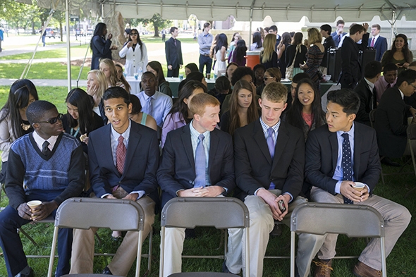 Members of the Class of 1967 and the Class of 2017 meet outside Blunt Alumni Hall