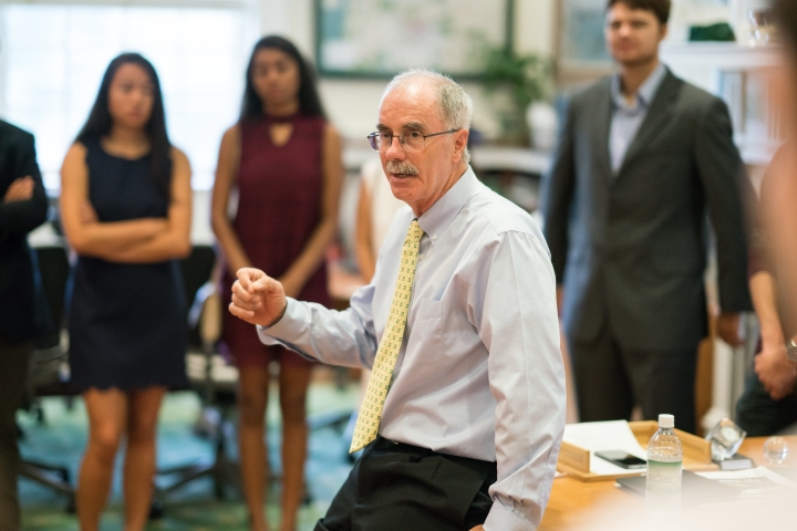 Philip J. Hanlon '77 talks to students