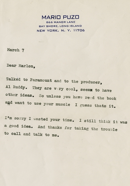 Letter, Mario Puzo to Marlon Brando.
