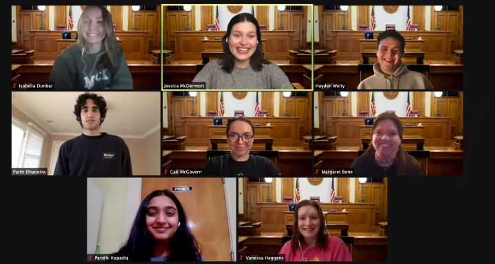 The Mock Trial Society's teams Pegasus, pictured here, and Orion were among six of 20 teams at regional competitions to earn bids to the Open Round Championships. Sebastian Fernandez '24 won the Outstanding Witness award.